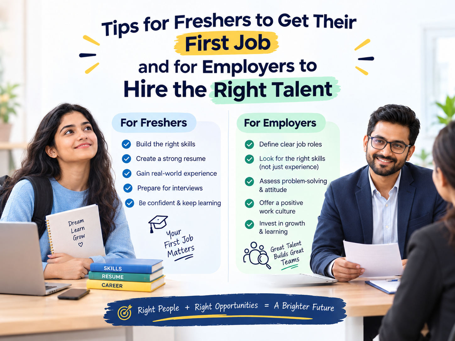 Tips for Freshers to Get Their First Job and for Employers to Hire the Right Talent